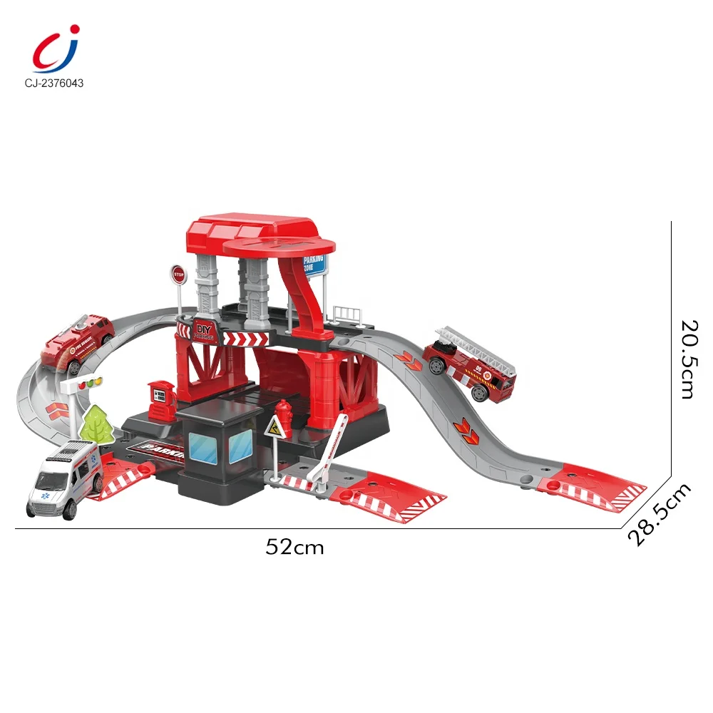 Chengji Safety Diy Assemble Building Blocks Sets Plastic Parking Lot Garage Kids Fire Pumping Toy Fire Station