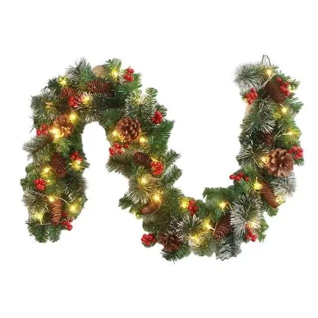 2.7M DIY Christmas Garland Outdoor Artificial Pine Garland Thick Battery Powered 2 Lighting Modes Christmas Red Berry Garland