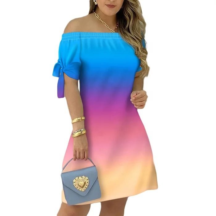 Женские платья летние Омбре цветные с открытыми плечами галстук Повседневное платье
