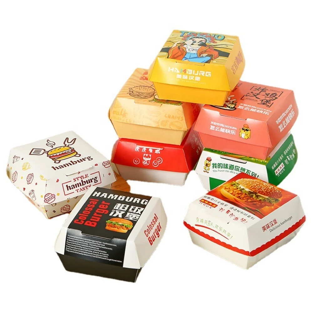 Biodegradable Take Away Food Boxes Food Packaging Hamburger Box Snack Box Square French Fries Fried Chicken Nuggets Carton Paper