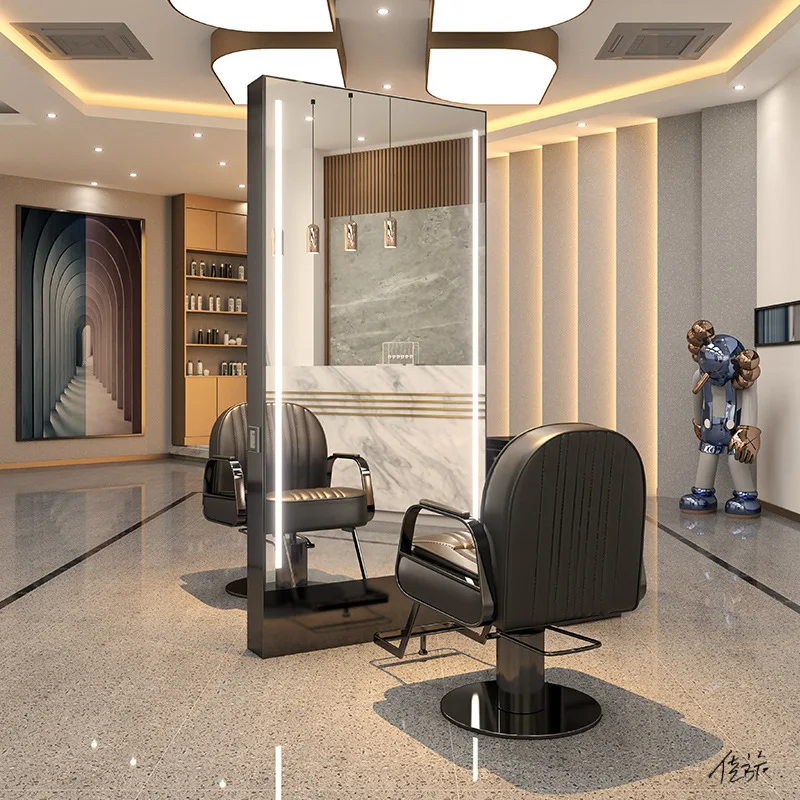 Горячая Распродажа индивидуальная Парикмахерская станция двустороннее зеркало салон со светодиодной