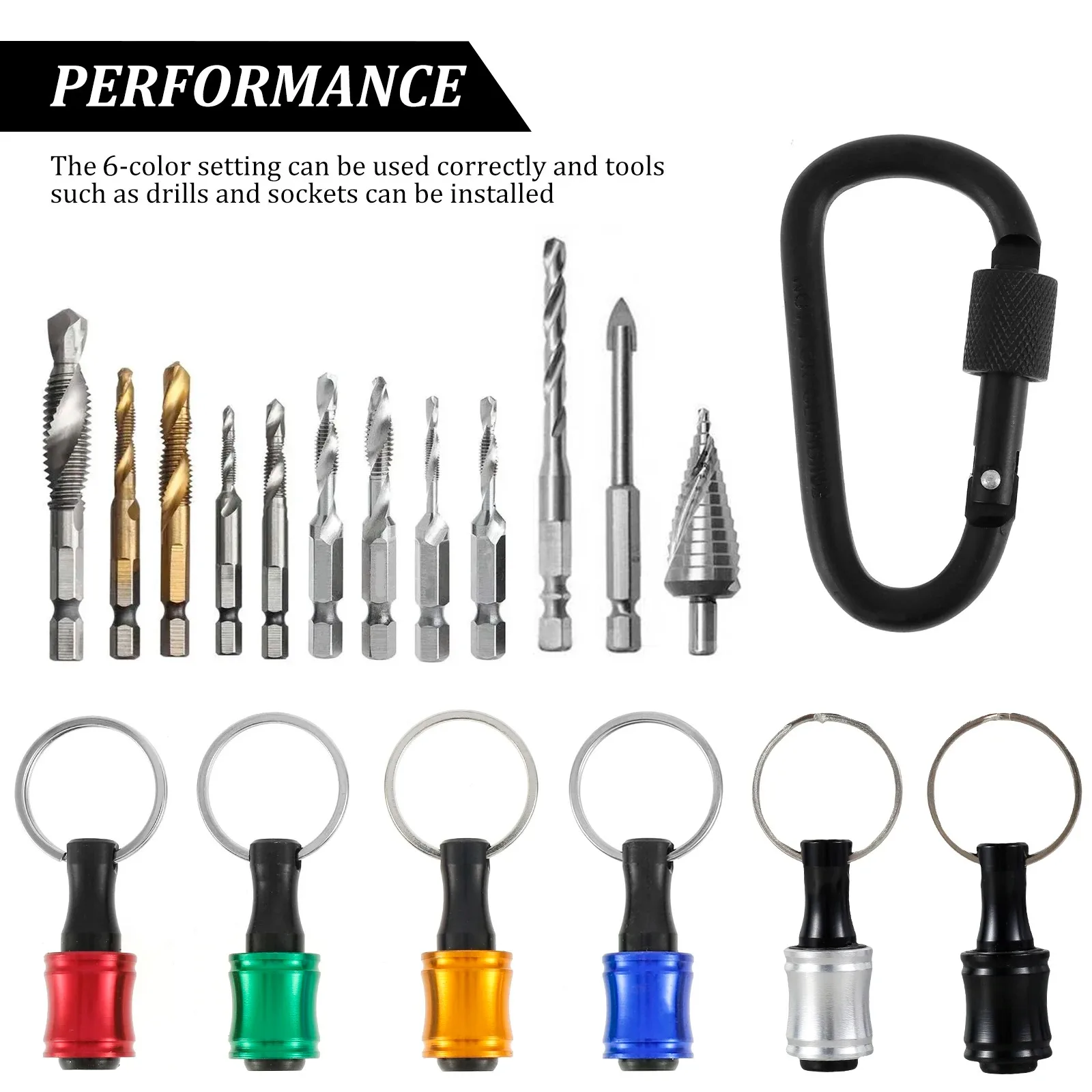 6PC 1/4 inch bit holder sets Hex Shank Aluminum Alloy Screwdriver Bit Holder Quick-Change Extension Keychain Screw Carabiner
