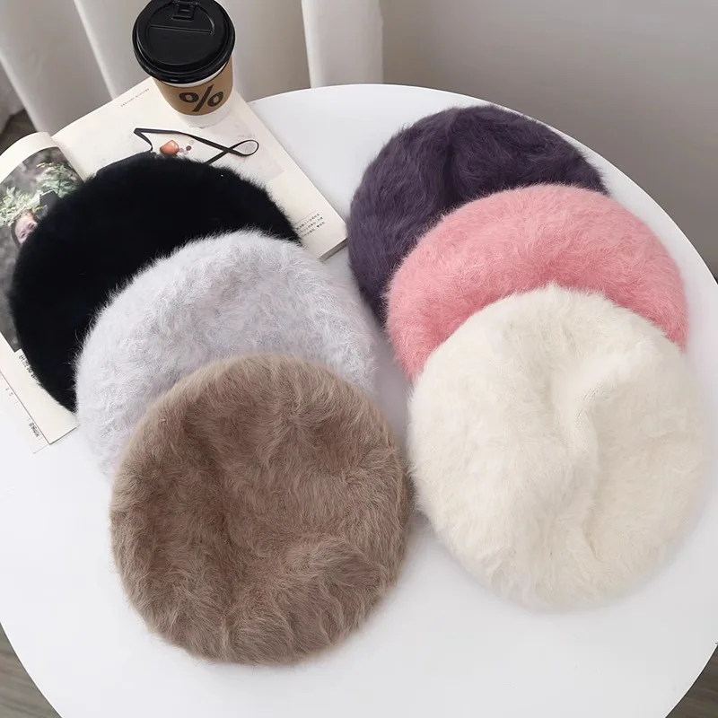 Rabbit Black Beret Hat  French Beret  Solid Color Beret Cap for Women Girls