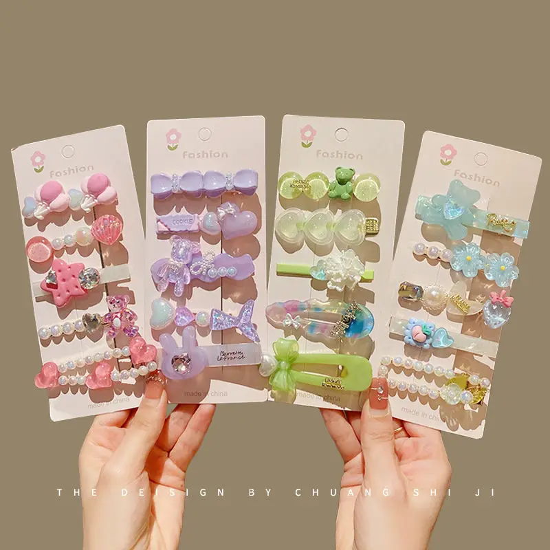 2024 Fashion Jewelry Glitter Rhinestone Pearl Flower Ladies Tailored Sweet Heart Resin Hair Clips Sets For Women