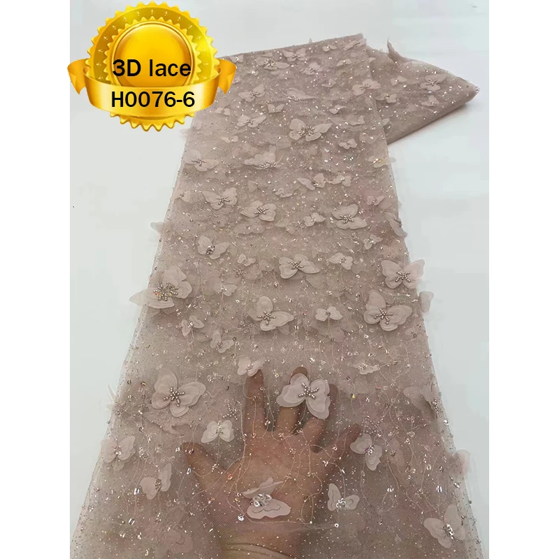 Yellow color butterfly pattern african french women dress tulle 3d embroidery french lace fabric With Beads