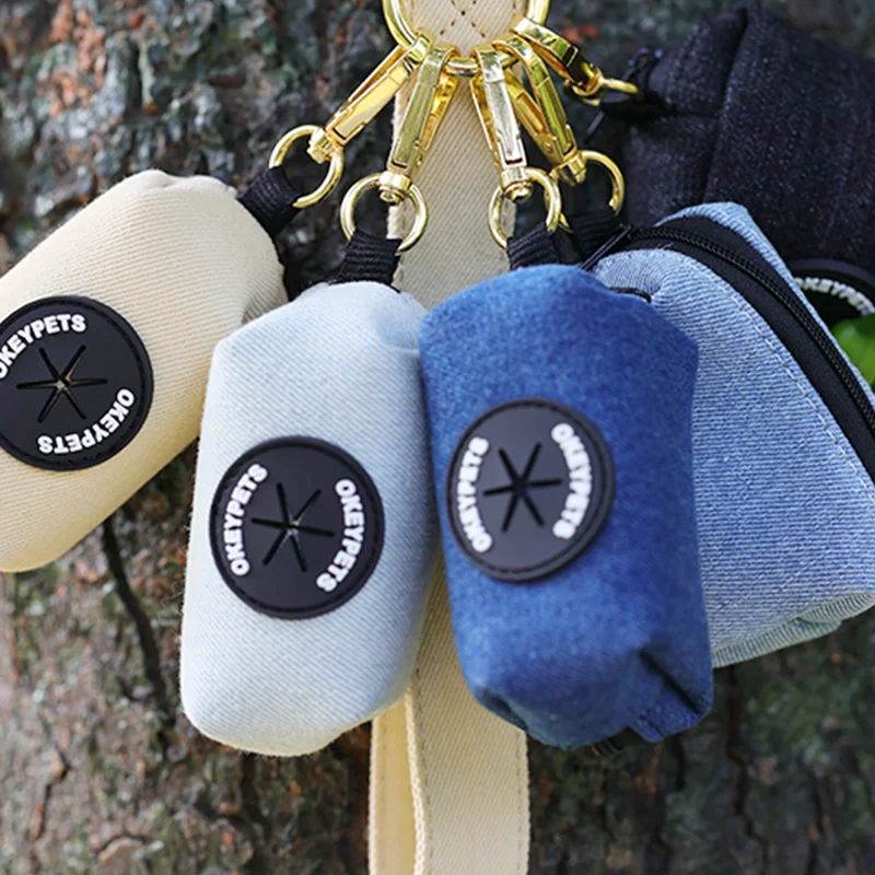 Custom logo denim dog poop bag carrier cute portable wholesale garbage waste outdoor jeans dog poop bag holder