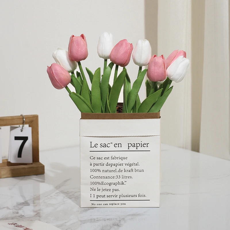 Wholesale High Quality Real Touch Artificial Silk Flowers 10 Heads Tulips With Paper Bag