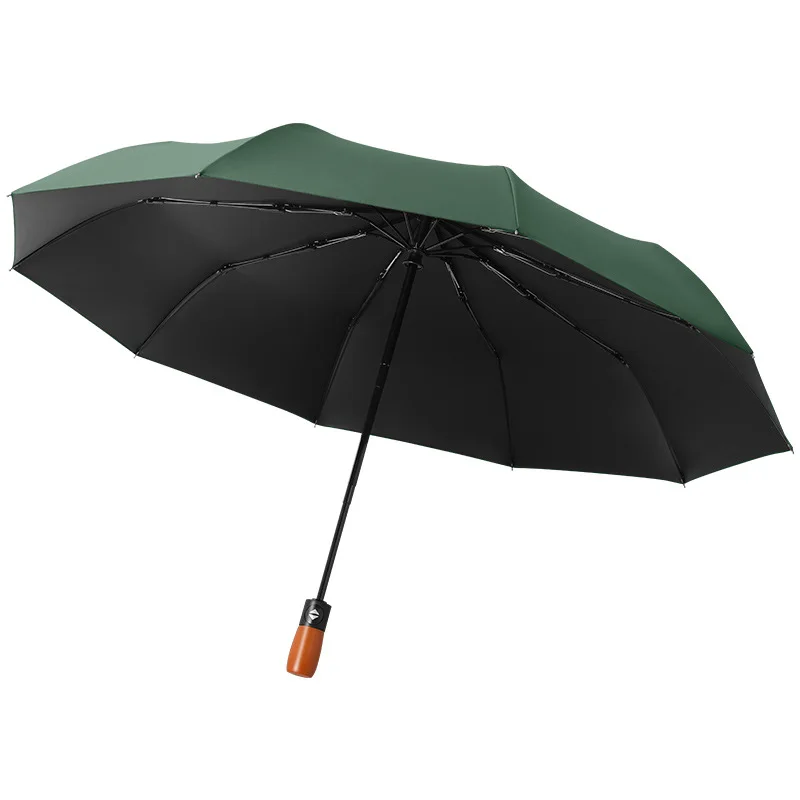 23 Inch Luxury 3 Fold Umbrella Super Strong 10 Ribs Windproof Automatic 3 Fold Umbrella with Wooden Handle