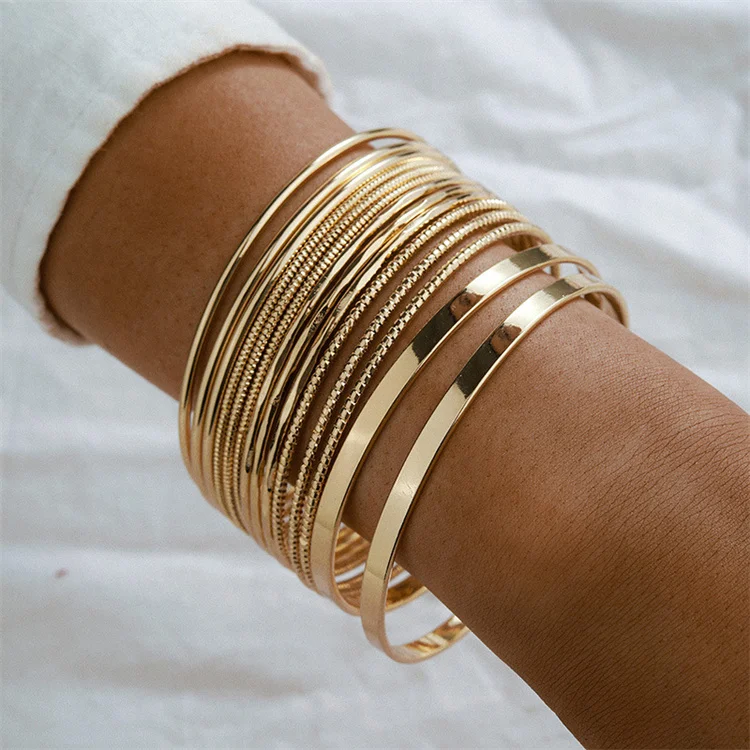 Wholesale  New 14 Piece Wide Face Bracelet Men Women Gold Plated Beautiful Fashion Jewelry Bracelet Set