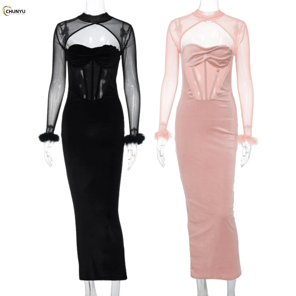 2024 spring solid turtle neck long sleeve fur trim openwork bodycon dress for women elegant