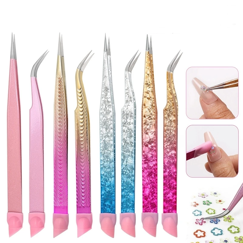 C438 SAFENG многоцелевой двухсторонний Пинцет для ногтей из нержавеющей стали с прямым изогнутым концом силиконовой пресс-головкой
