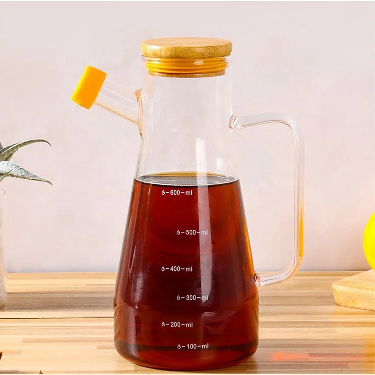 650ml Cooking Graduated Borosilicate Clear Glass Olive Oil And Vinegar Bottle Set With Handle Bamboo Lid