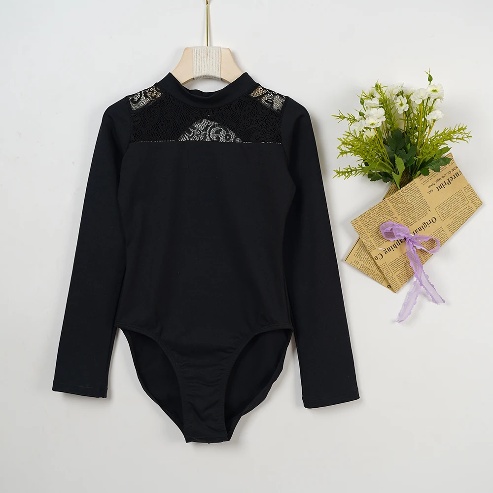 Pretty new trendy hot selling black l ycra kids girls black latex dance ballet leotard with lace