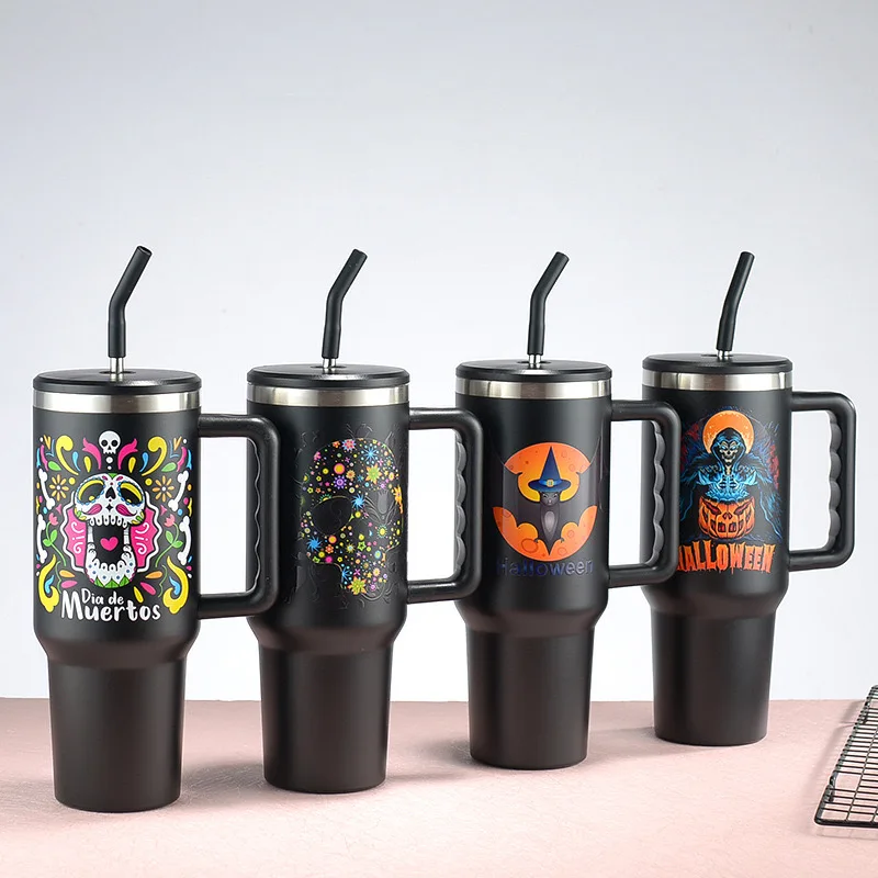 Stainless Steel 3D Uv Printed Halloween 40Oz Cups Tumbler Mug With Handle And Straw Lid