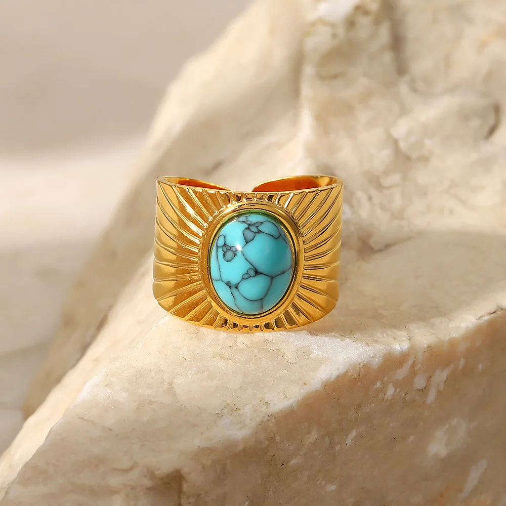 Delicate 18k Gold Plated Turquoise Swirl Marks Wide Opening Stainless Steel Rings For Women Jewelry