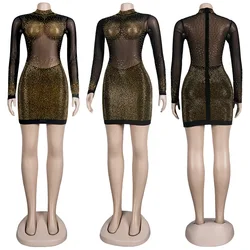 Drop Shipping Long Sleeve Bodycon Dresses Club Mesh Sexy Transparent Women Rhinestone Dress