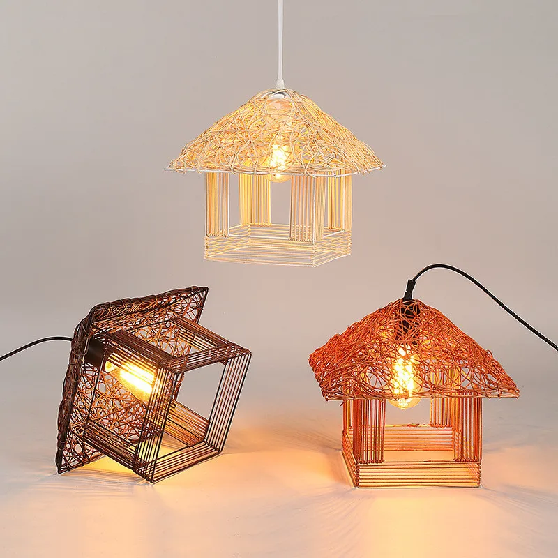 LED Idyllic Rattan Small House Chandelier Weaving Cabin Living Room Lamp Bedroom Warm Creative Personality Restaurant Bamboo Cha
