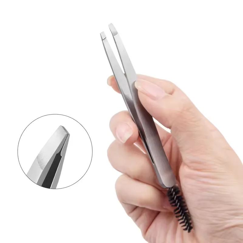 New Arrival Double Head 2 in 1 Slant Tip Hair Eyebrow Tweezers with Eyebrow Brush Stainless Steel Eyelashes Extension Tweezers
