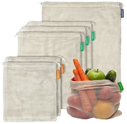 Washable Natural Organic Cotton Eco Friendly Mesh Beach Food Bags Grocery Shopping Storage Net Fruit bag