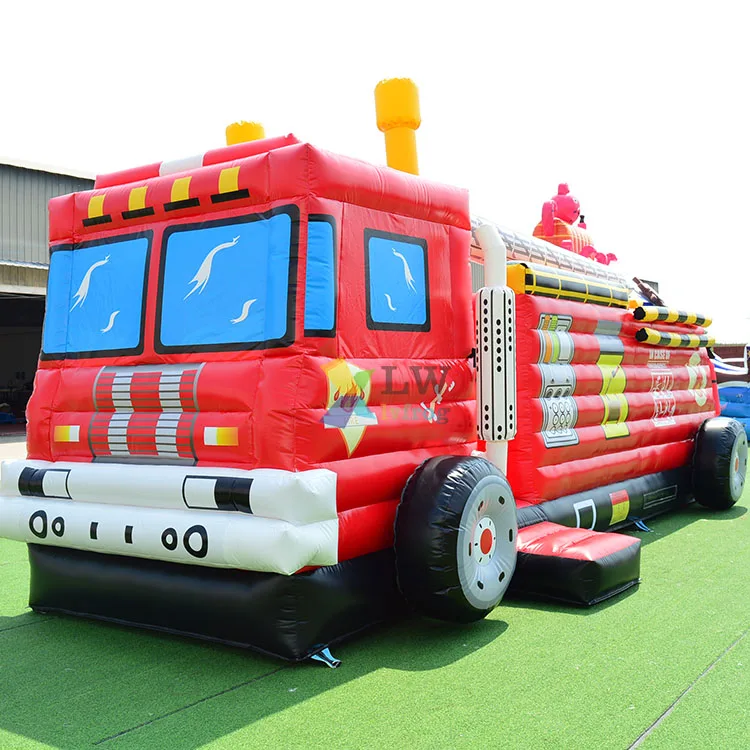 Factory sale Inflatable bouncer firetruck obstacle 3 in 1 game fire truck bounce house with slide commercial
