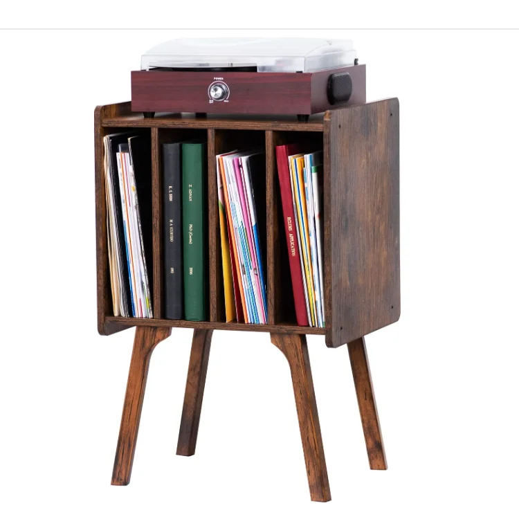 Retro vinyl record holder with wood legs living room brown wooden record player stand