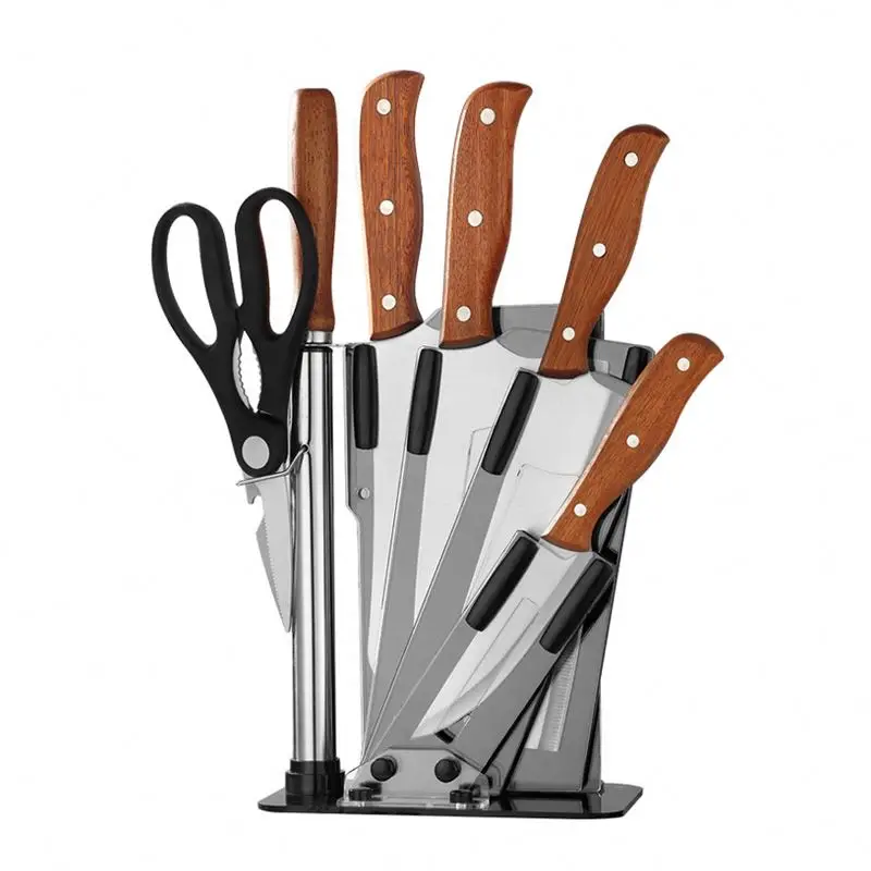 Knife Set Stainless Steel Household Kitchen Knife sharpener scissor  wooden handle chef knife set with stand