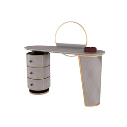 Italian Style Irregular Shape Leg Gray Dressing Table With Round Mirror And Large Storage Bedroom Furniture Set Dresser Table