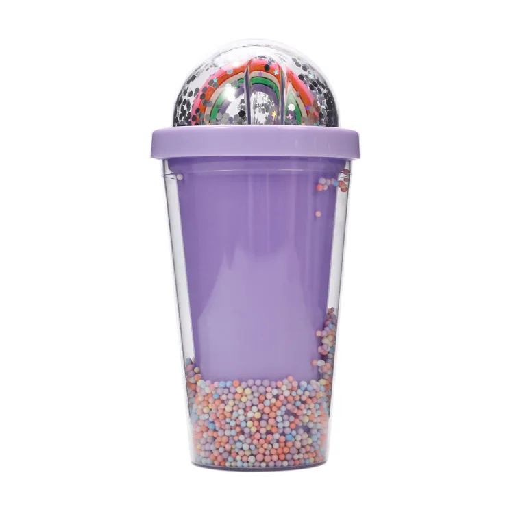 Creative Rainbow Micro Landscape Plastic Water Cup Fashion Women Straw Cup Double Layer Color Bead Cold Drink Cup