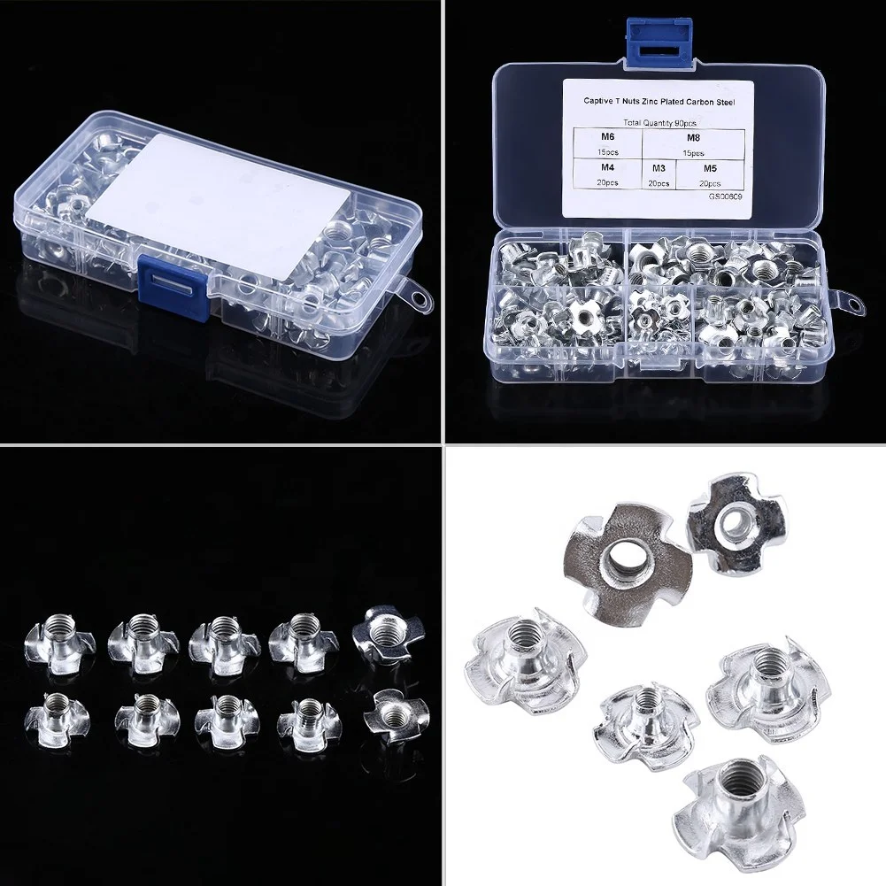 90pcs Carbon Steel M3/M4/M5/M6/M8 Four Pronged T Nuts Blind Inserts Nut for Wood Furniture