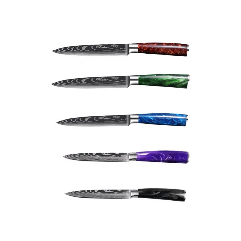 Custom Logo 5' high carbon stainless steel laguiole steak damascus utility knives with resin handle