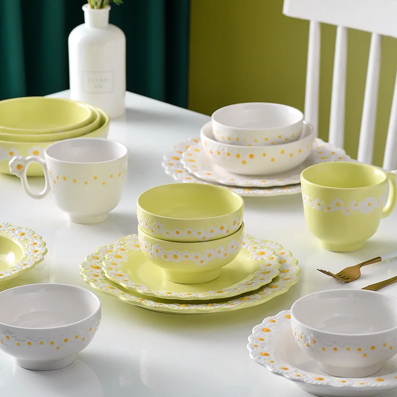 Embossed Ceramic Dinnerware Set Steak Pasta Salad Fruit Dessert Serving Tray Soup Rice Bowl Platter Party Restaurant Tableware