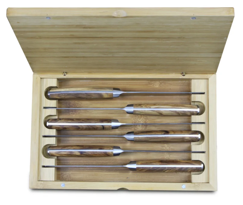 Olive wood handle Japanese AUS-10 damascus steel VG10 steak knife set with bamboo wood box