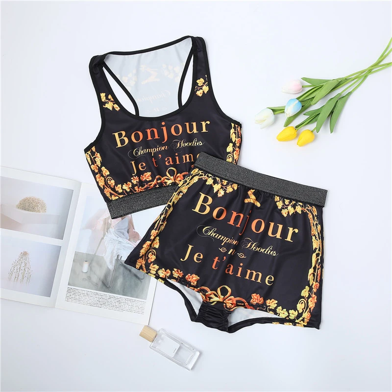 New Print Plus Size Two Piece Short Set Sports Gym workout biker shorts and tank top Set Women 2 Piece Biker Set