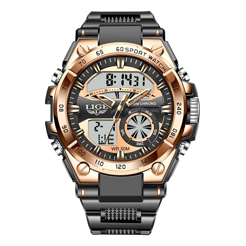 Мужские цифровые часы LIGE 2023, спортивные водонепроницаемые наручные часы 5 АТМ, Кварцевые Светящиеся Часы для мужчин, силиконовые часы