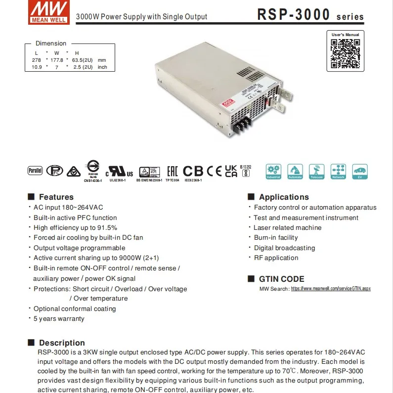 Meanwell RSP1500W 2400W 3000W Single Output Build In Pfc Ac To Dc Meanwell Switching Power Supply