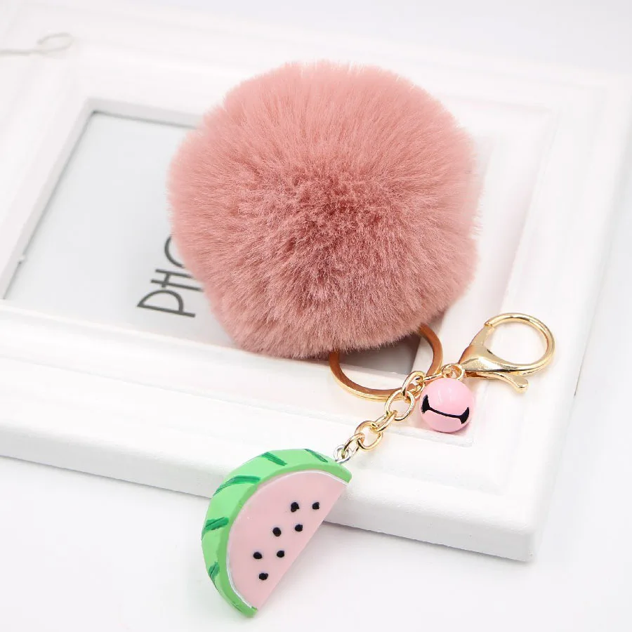 Kawaii pom Pom Key chains Fake Rabbit fur ball key chains pompoms de fourrure fluffy Bag Charm Pendant decor watermelon keychain