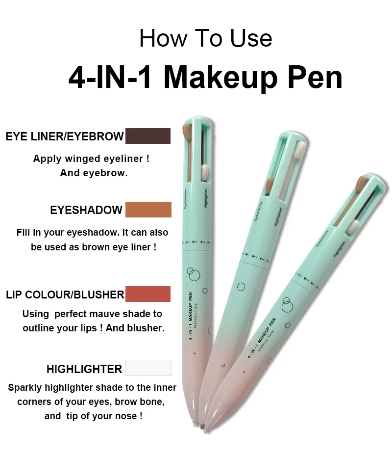 4 in 1 makeup pen eyeliner eyebrow pen lip liner highlighter customizable private label portable makeup pen