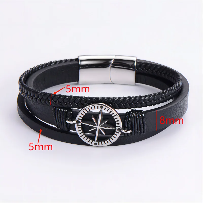 2024 New Multi Layer Braided Lion Dragon Thor Hammer Compass Mens Black Leather Bracelet Magnetic Clasp