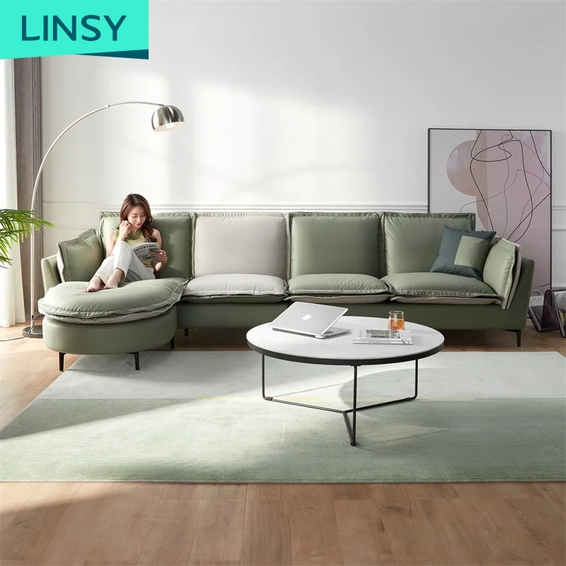Linsy New Design Minimalist American Green White Corner Sofa Set Modern Oval Shape Chaise Sofa S126