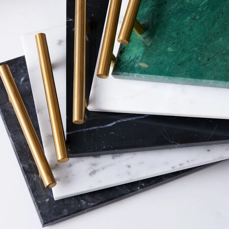 In Stock Hot Selling Rectangular Small Green Grey Hotel Indoor Table Marble Trays With Metal Handle