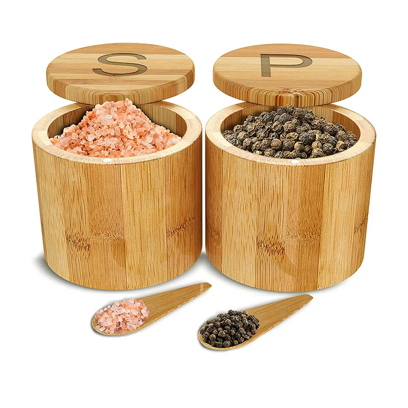 Custom Logo Magnetic Lid Spice Storage Jars Dispenser Bamboo Wood Salt Spice Box With Spoon