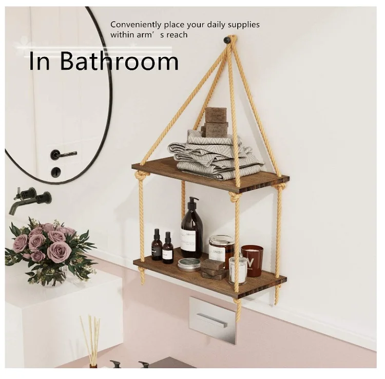 Hanging Wall Shelves Swing Rope Floating Shelf 2Tier Bamboo Storage Shelves for Living Room Bedroom Bathroom and Kitchen