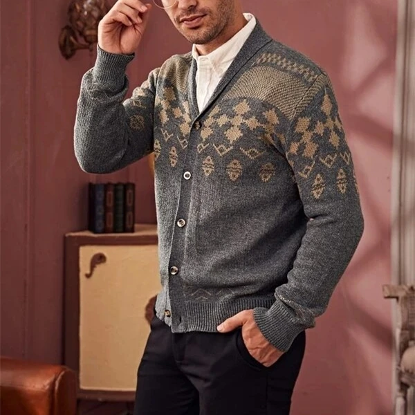 
Jacquard Knitwear Winter Knitted Striped Custom Mens Shawl Collar Cardigan Sweater 