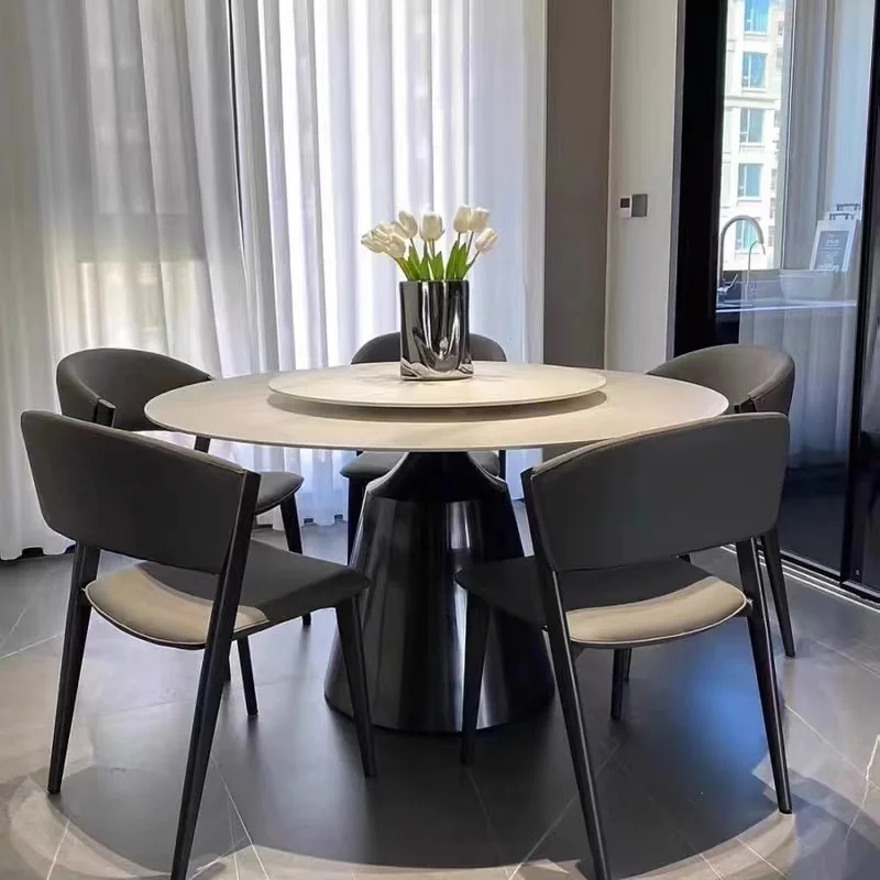 Modern Light Luxury Minimalist Round Rock Board Dining Table Stainless Steel Round Table with Turntable