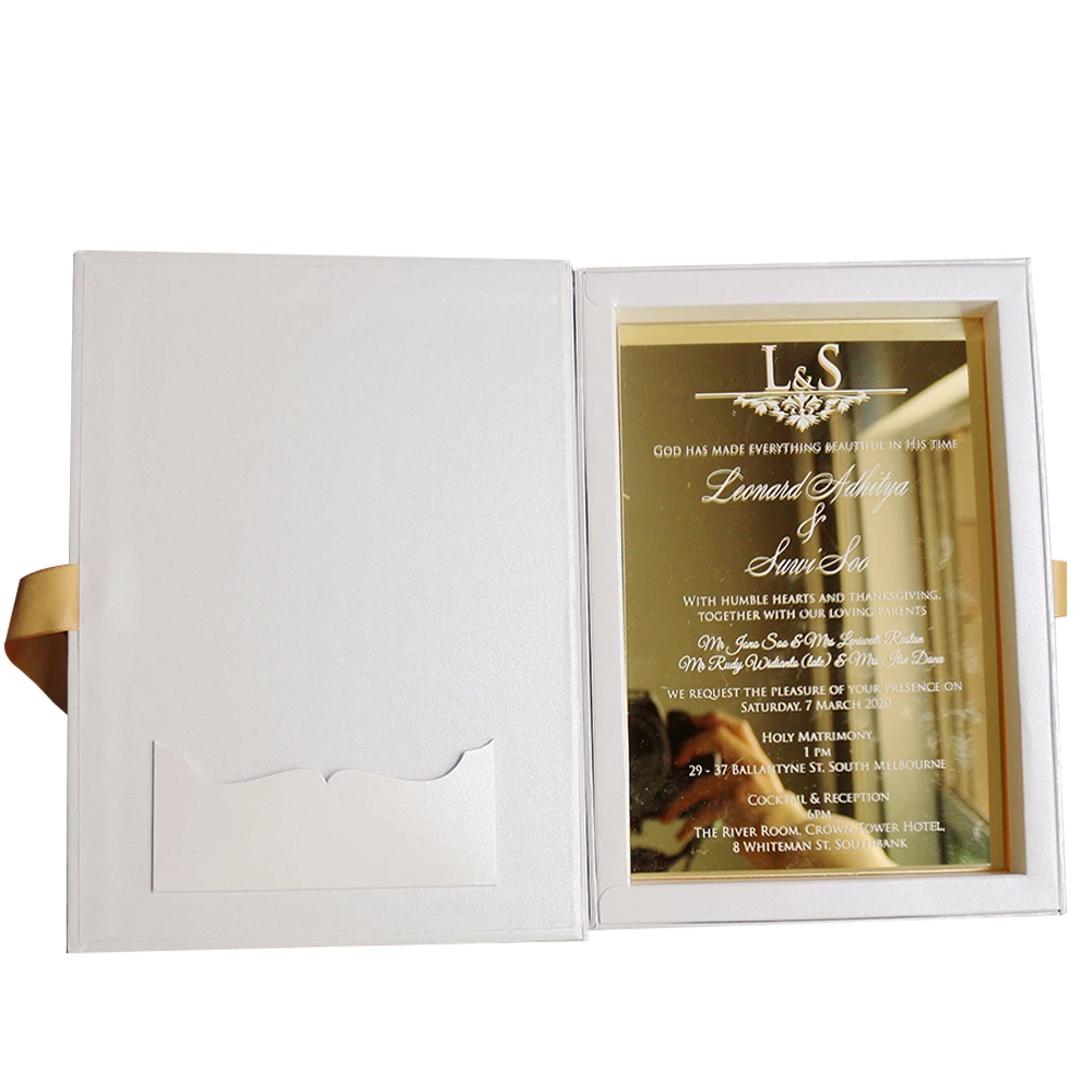 High End New Design Custom Gold Mirror Acrylic Box Invite Wedding Invitations in a and Customized