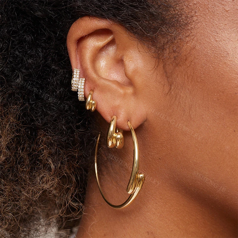 Women Jewelry J Hoop Double Dome Earrings in Sterling Silver 925 with 18K Gold Plate