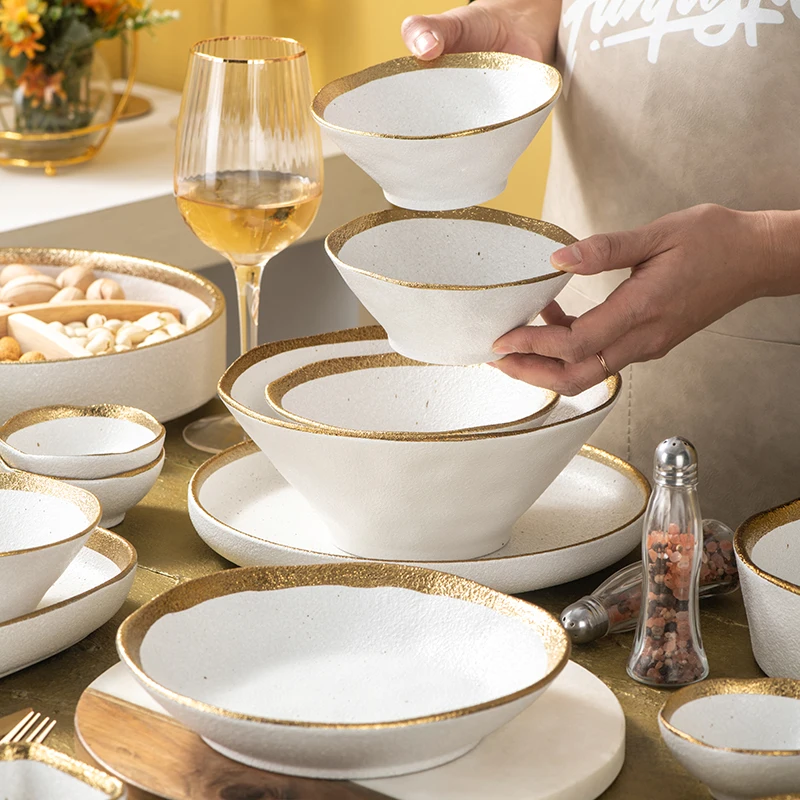 Hot sale Phnom Penh Fruit Salad Dessert Dishes White Breakfast Service Bowl Tray Sets Ceramic Plate with Gold Rim Tableware