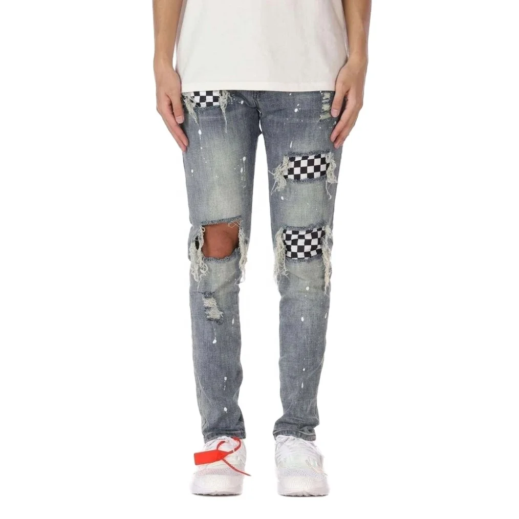 Streetstyle Blue jeans with holes and rags ripped mens jeans and fashion bule  distressed men jeans