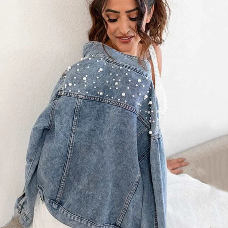 High Quality Plus Size Beading Short Denim Tops  Women Casual Long Sleeve Pearl Studded Jean Jacket With Button Logo Decoration