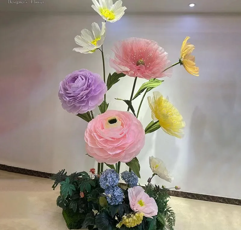 Window Florist Display Free Standing Big Paper Organza Poppy Sunflower artificial flower giant Set For Wedding Event Decoration